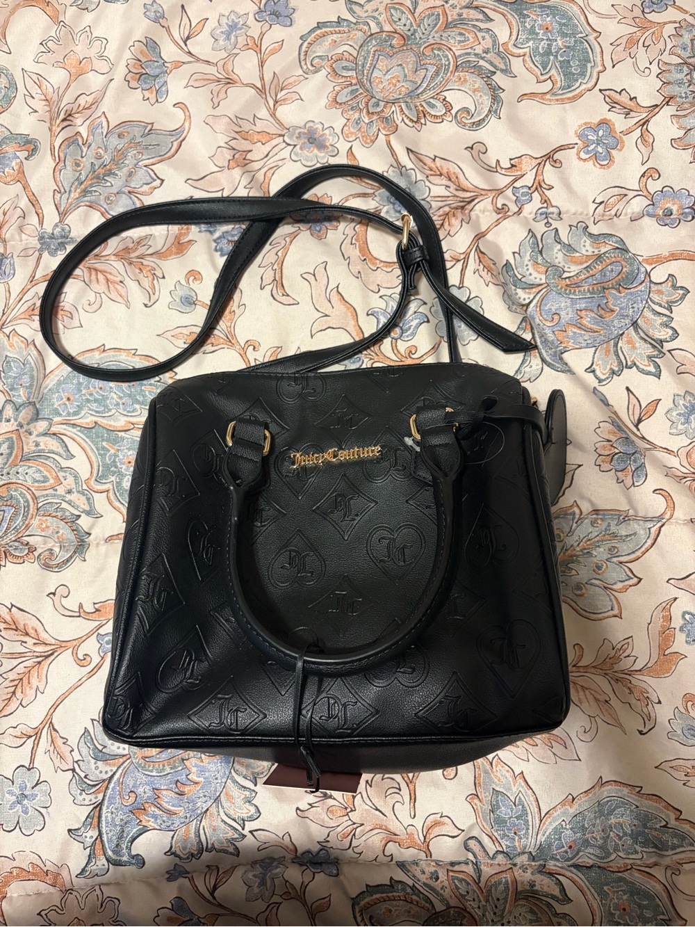 Juicy Couture Black Embossed Logo Satchel with Crossbody Strap